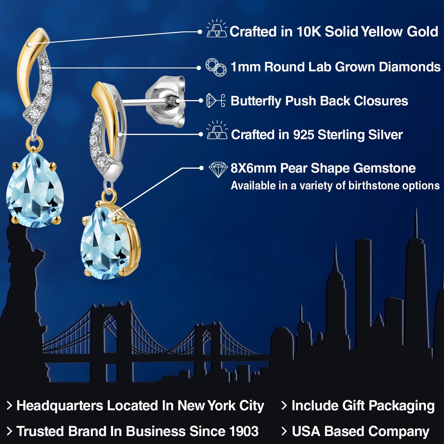 925 Silver and 10K Yellow Gold 8X6MM Pear Shape Gemstone Birthstone and White Lab Grown Diamond Teardrop Dangle Earrings for Women