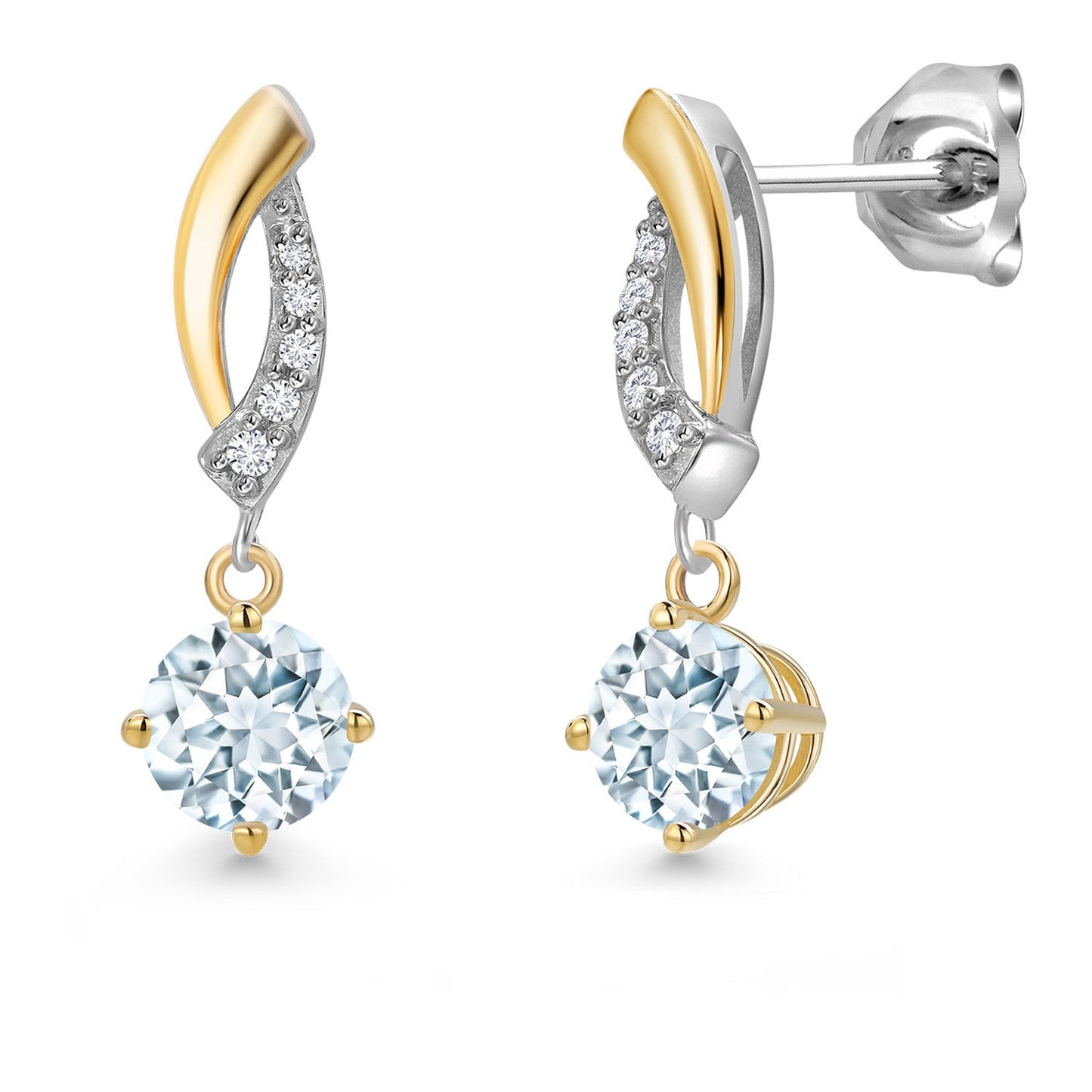 925 Silver and 10K Yellow Gold 5MM Round Gemstone Birthstone and White Lab Grown Diamond Drop Dangle Earrings for Women