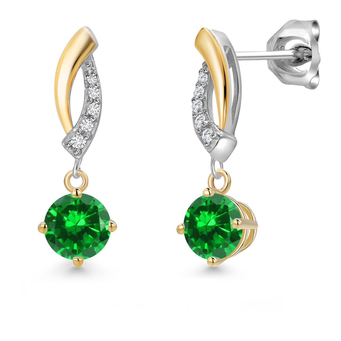 925 Silver and 10K Yellow Gold 5MM Round Gemstone Birthstone and White Lab Grown Diamond Drop Dangle Earrings for Women