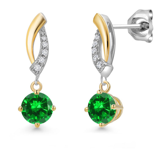 925 Silver and 10K Yellow Gold 5MM Round Gemstone Birthstone and White Lab Grown Diamond Drop Dangle Earrings for Women