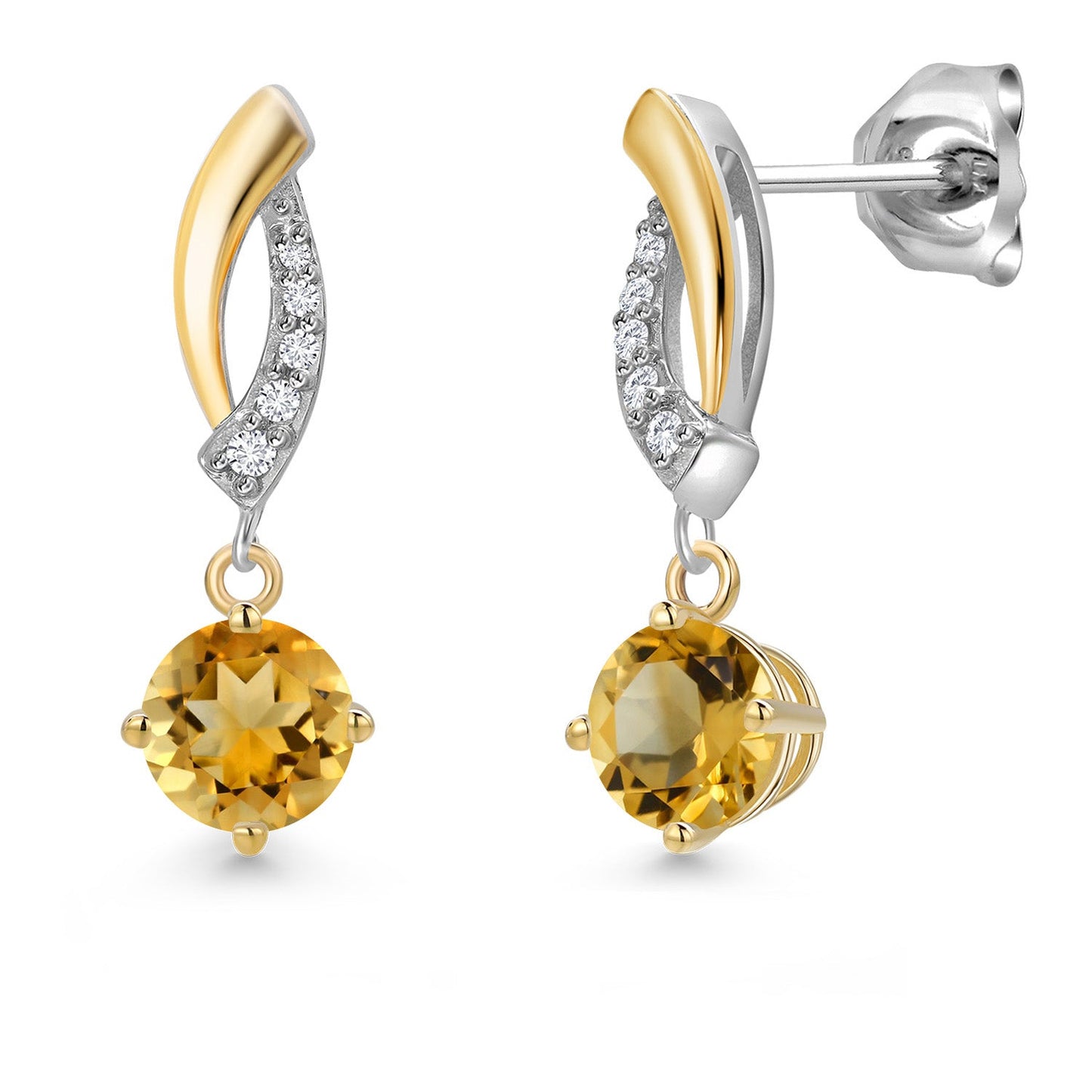 925 Silver and 10K Yellow Gold 5MM Round Gemstone Birthstone and White Lab Grown Diamond Drop Dangle Earrings for Women