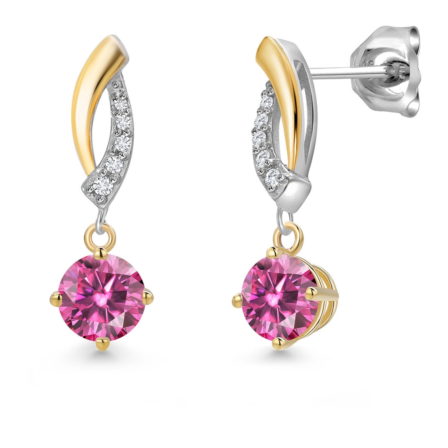 925 Silver and 10K Yellow Gold 5MM Round Gemstone Birthstone and White Lab Grown Diamond Drop Dangle Earrings for Women