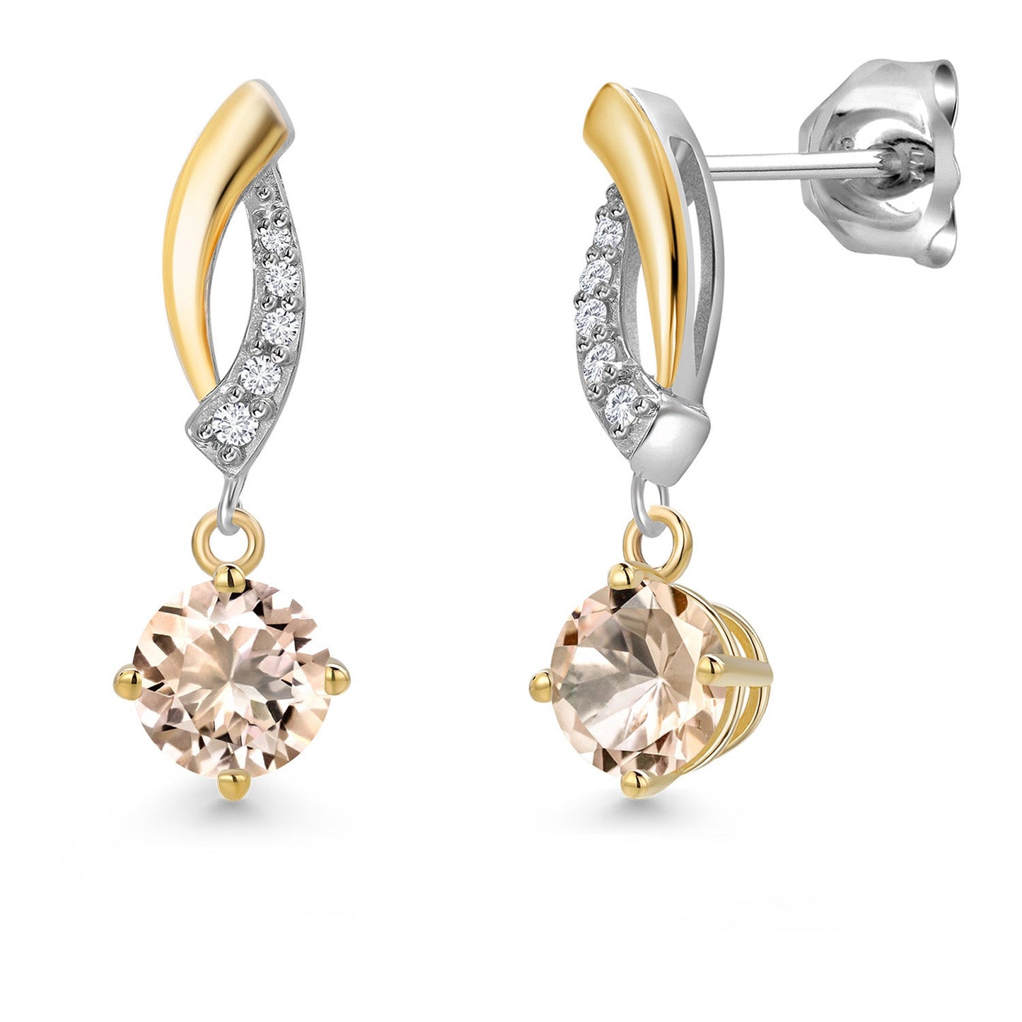925 Silver and 10K Yellow Gold 5MM Round Gemstone Birthstone and White Lab Grown Diamond Drop Dangle Earrings for Women