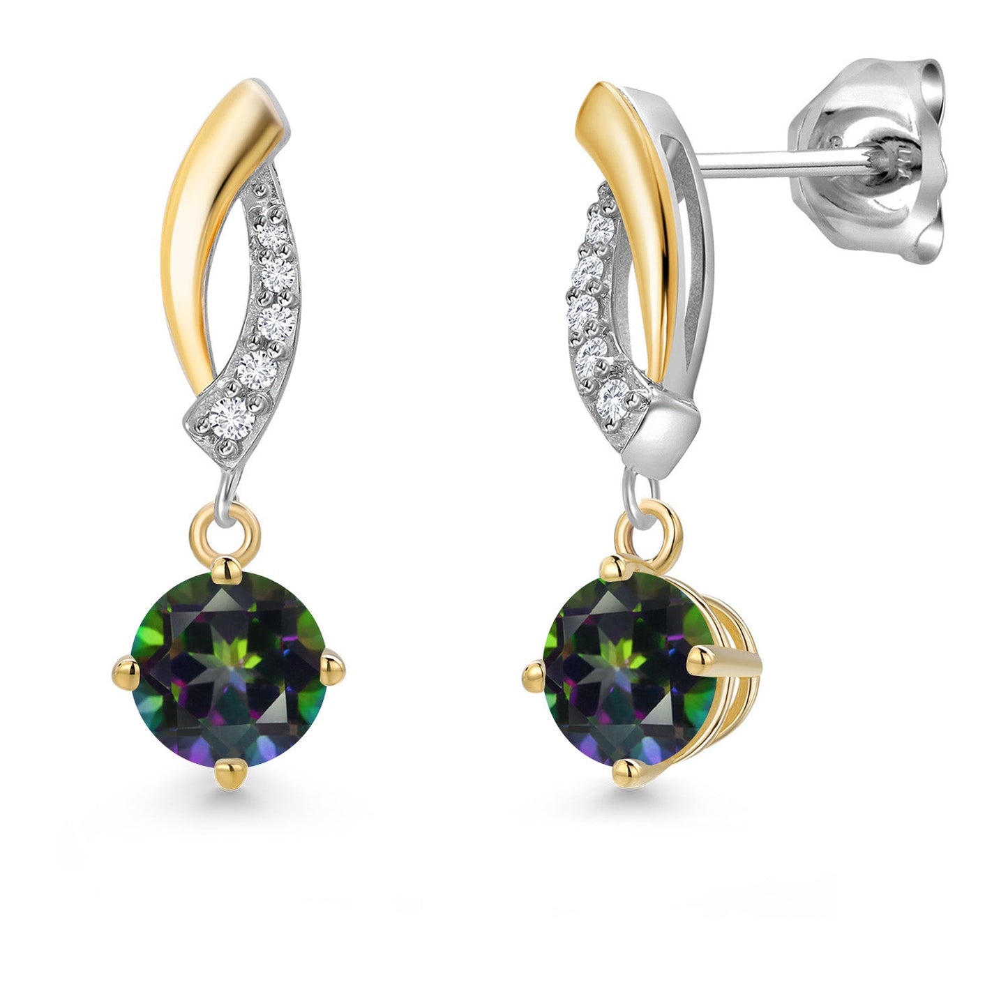 925 Silver and 10K Yellow Gold 5MM Round Gemstone Birthstone and White Lab Grown Diamond Drop Dangle Earrings for Women