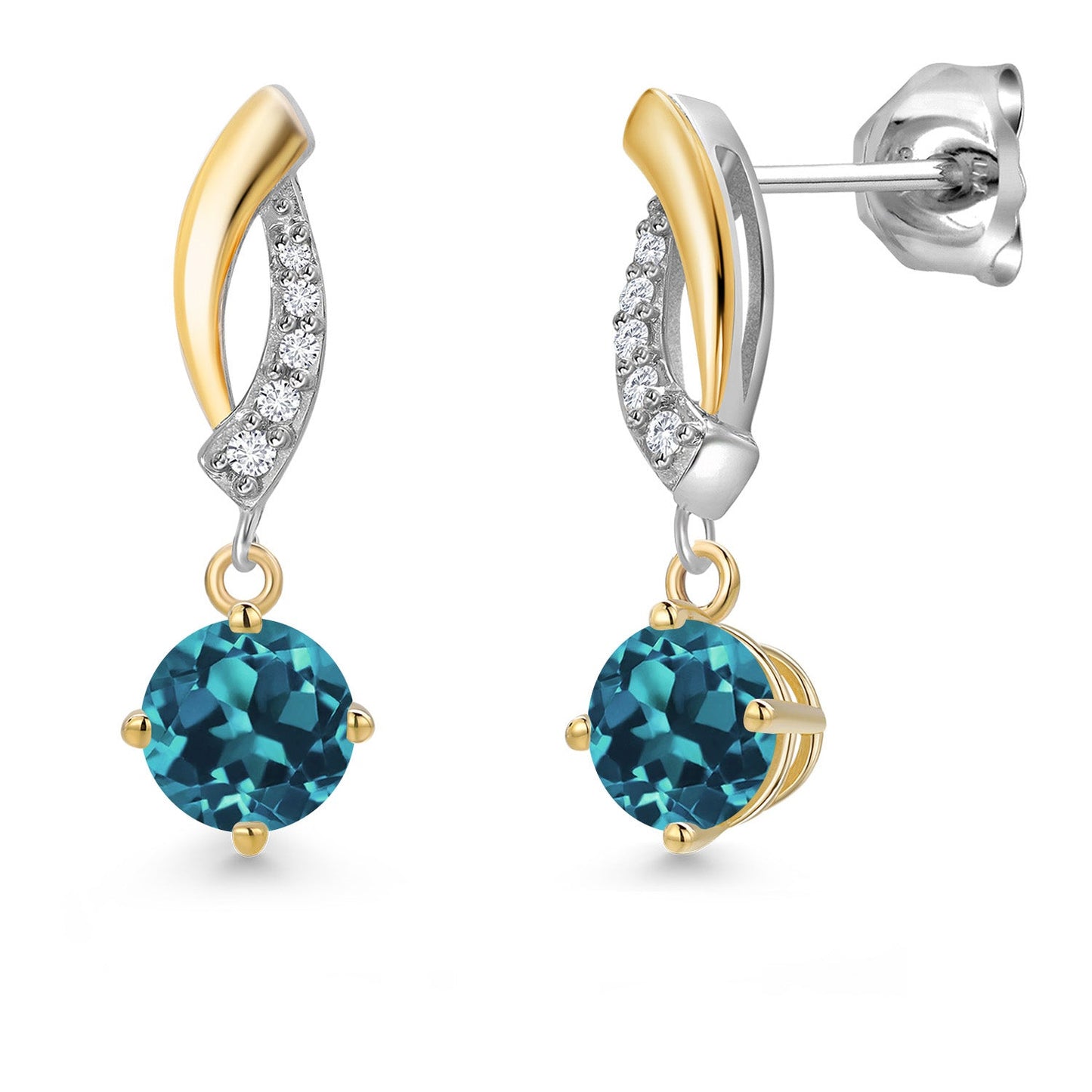 925 Silver and 10K Yellow Gold 5MM Round Gemstone Birthstone and White Lab Grown Diamond Drop Dangle Earrings for Women