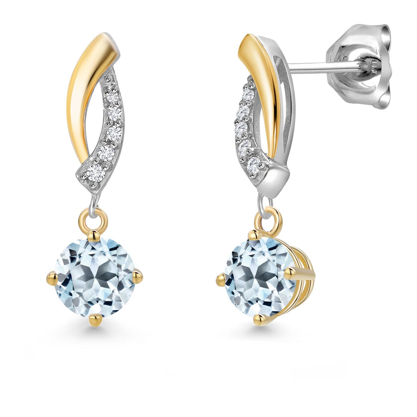 925 Silver and 10K Yellow Gold 5MM Round Gemstone Birthstone and White Lab Grown Diamond Drop Dangle Earrings for Women