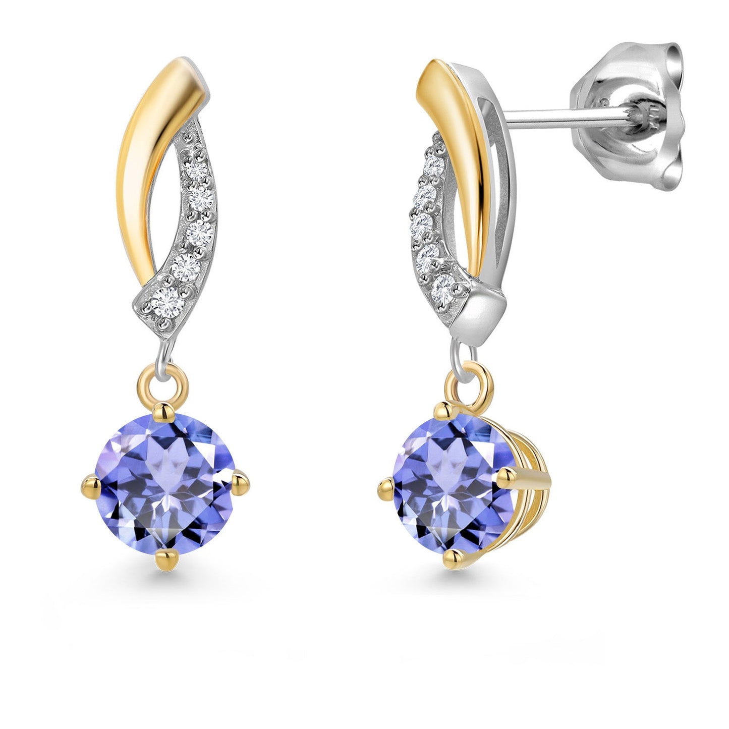 925 Silver and 10K Yellow Gold 5MM Round Gemstone Birthstone and White Lab Grown Diamond Drop Dangle Earrings for Women