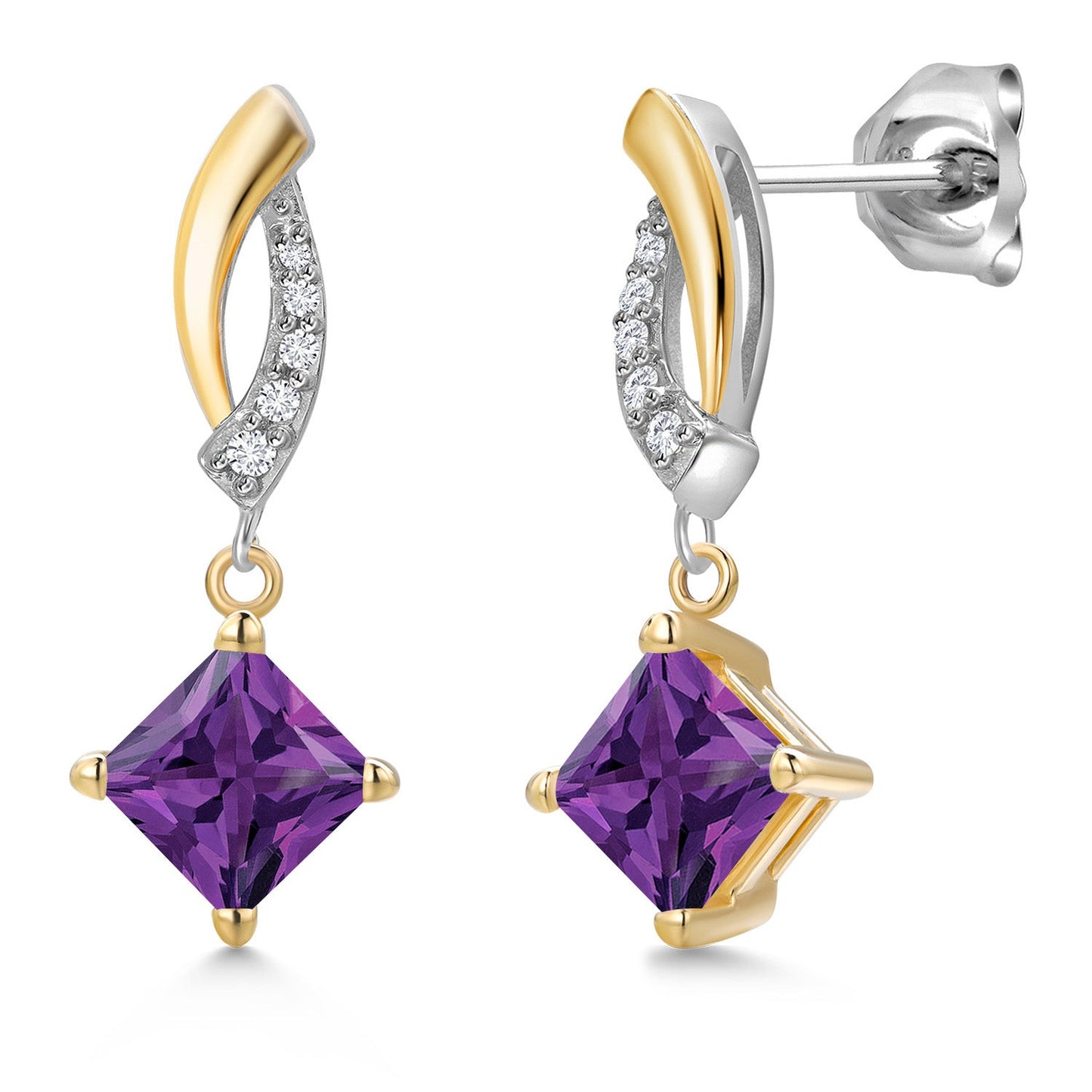 925 Silver and 10K Yellow Gold 5MM Princess Cut Gemstone Birthstone and White Lab Grown Diamond Dangle Earrings for Women