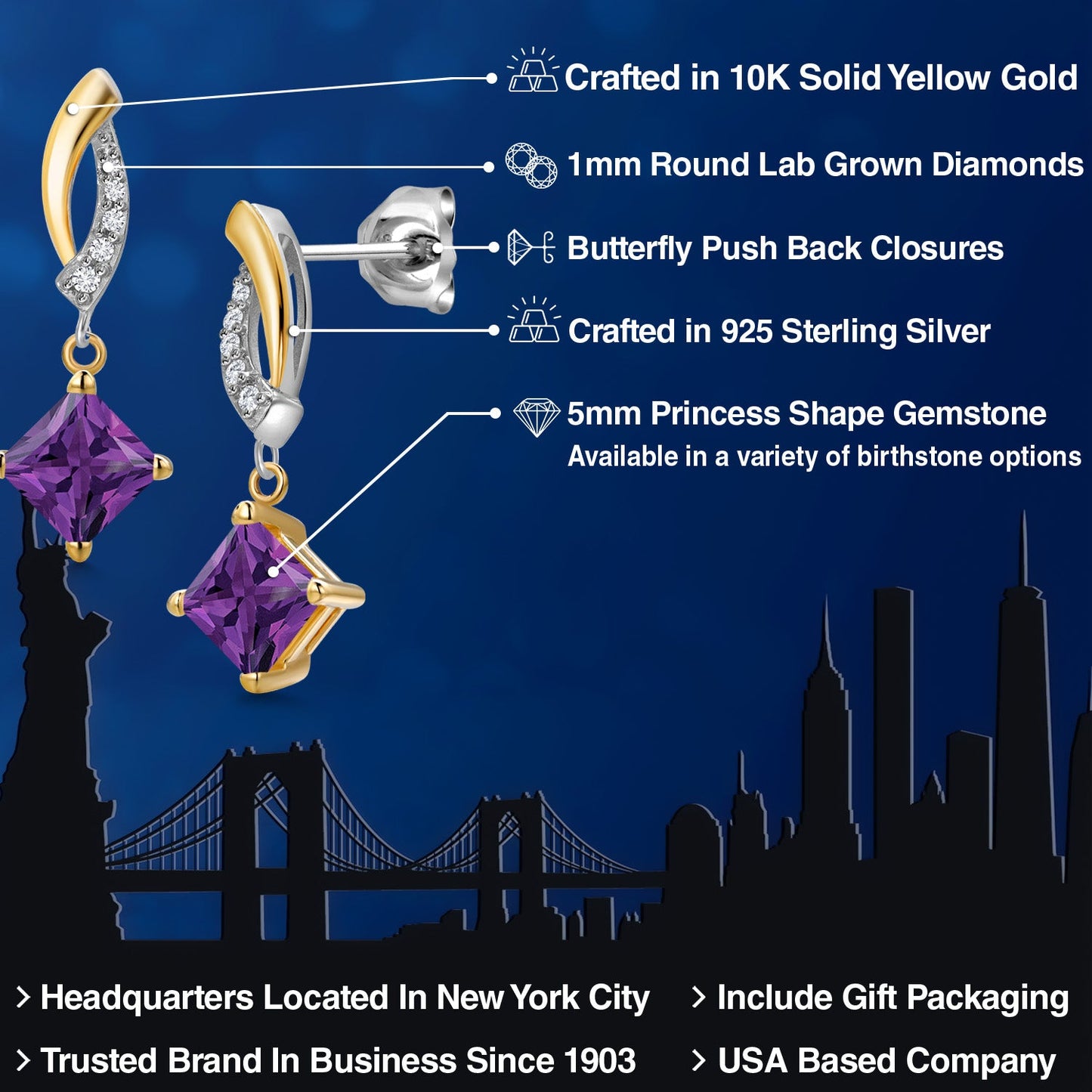 925 Silver and 10K Yellow Gold 5MM Princess Cut Gemstone Birthstone and White Lab Grown Diamond Dangle Earrings for Women