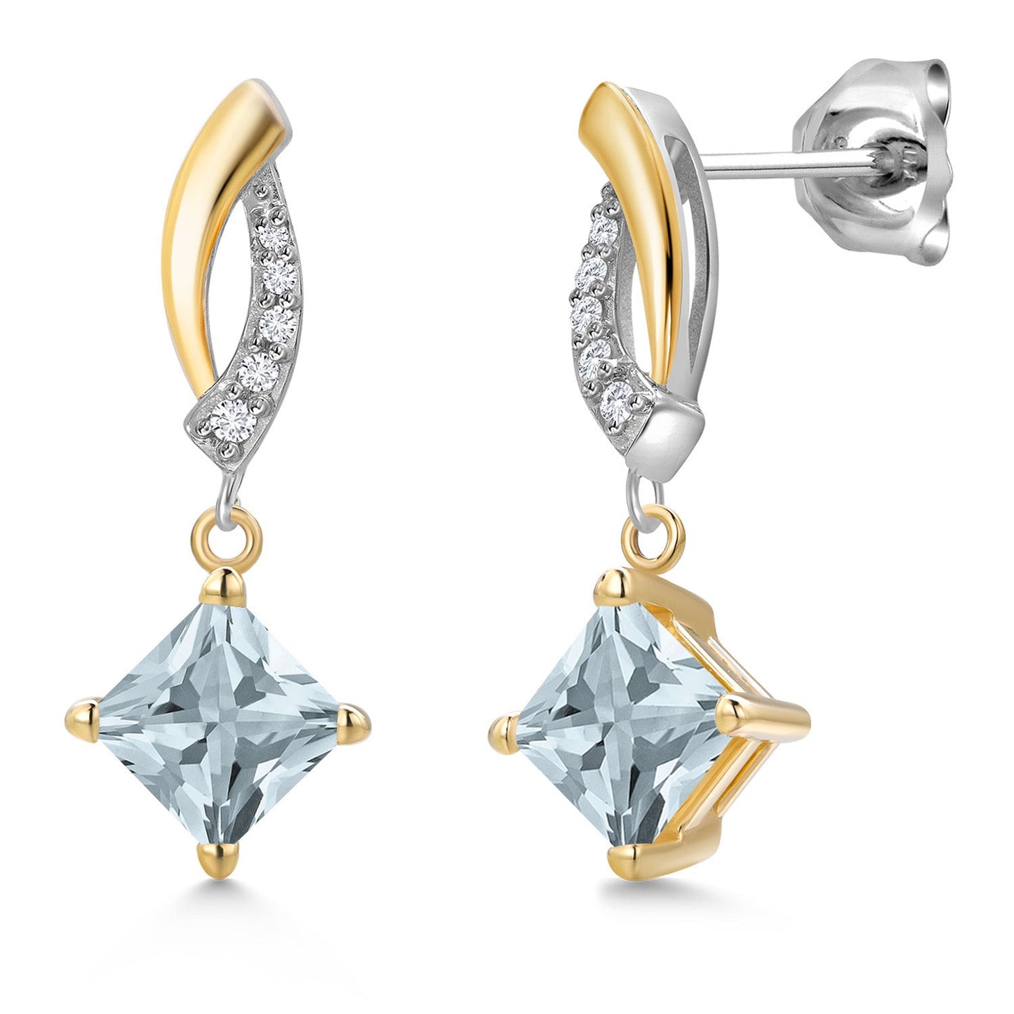 925 Silver and 10K Yellow Gold 5MM Princess Cut Gemstone Birthstone and White Lab Grown Diamond Dangle Earrings for Women