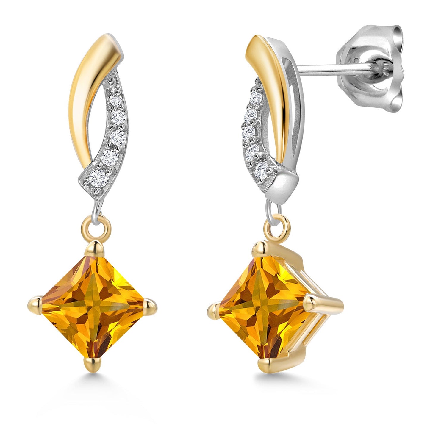 925 Silver and 10K Yellow Gold 5MM Princess Cut Gemstone Birthstone and White Lab Grown Diamond Dangle Earrings for Women