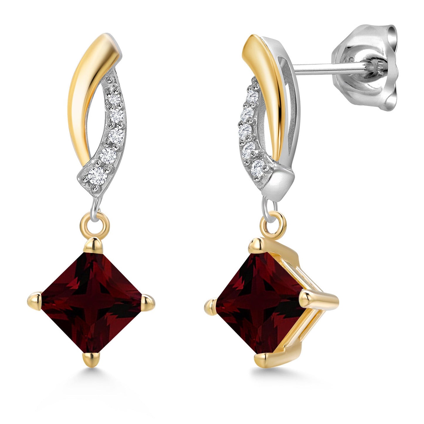 925 Silver and 10K Yellow Gold 5MM Princess Cut Gemstone Birthstone and White Lab Grown Diamond Dangle Earrings for Women