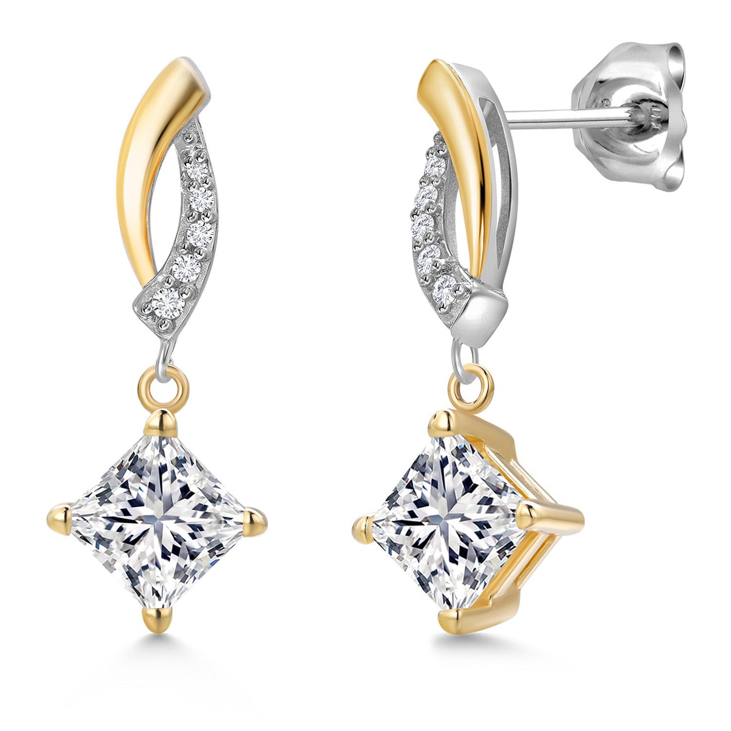 925 Silver and 10K Yellow Gold 5MM Princess Cut Gemstone Birthstone and White Lab Grown Diamond Dangle Earrings for Women