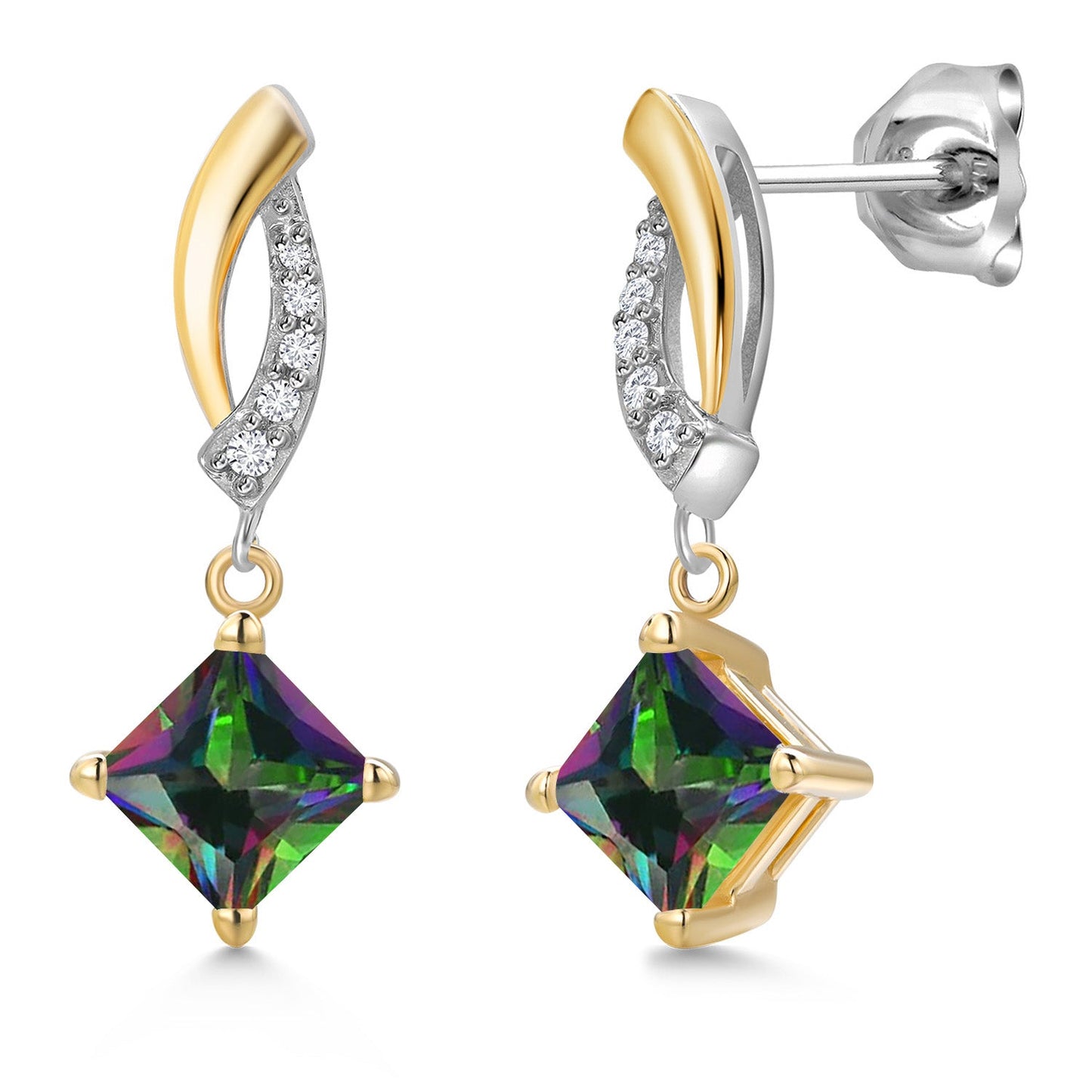 925 Silver and 10K Yellow Gold 5MM Princess Cut Gemstone Birthstone and White Lab Grown Diamond Dangle Earrings for Women