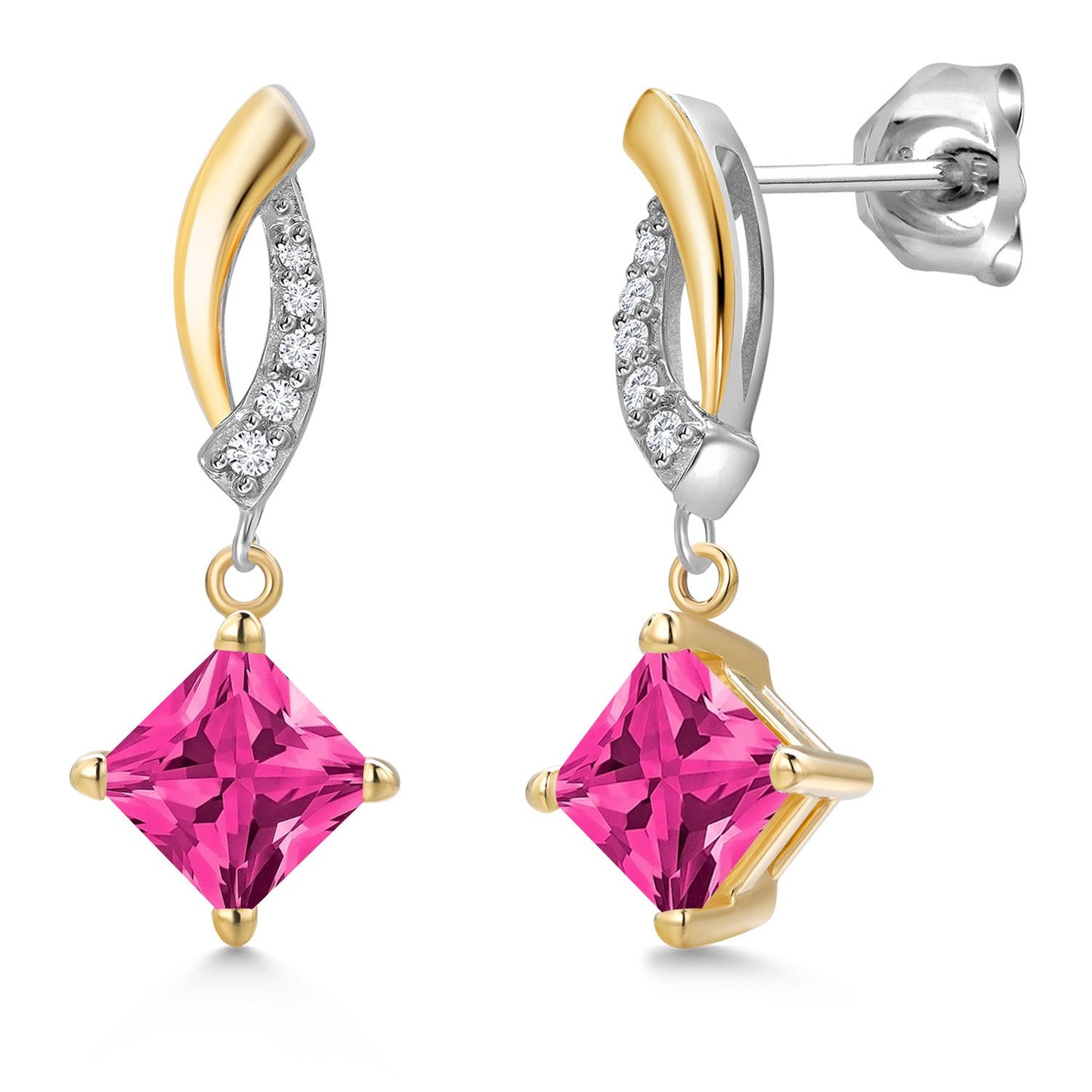 925 Silver and 10K Yellow Gold 5MM Princess Cut Gemstone Birthstone and White Lab Grown Diamond Dangle Earrings for Women