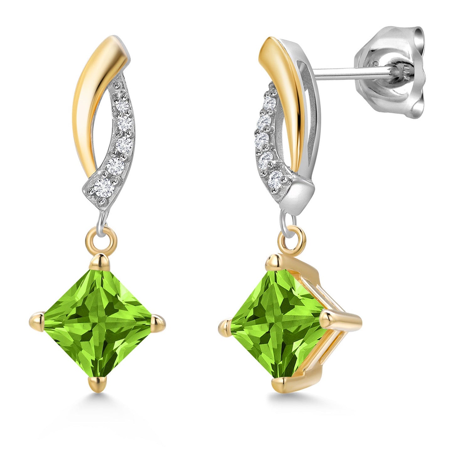 925 Silver and 10K Yellow Gold 5MM Princess Cut Gemstone Birthstone and White Lab Grown Diamond Dangle Earrings for Women