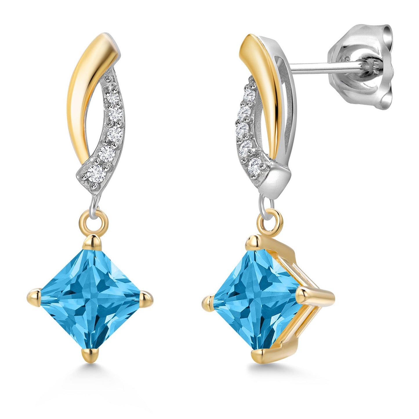 925 Silver and 10K Yellow Gold 5MM Princess Cut Gemstone Birthstone and White Lab Grown Diamond Dangle Earrings for Women