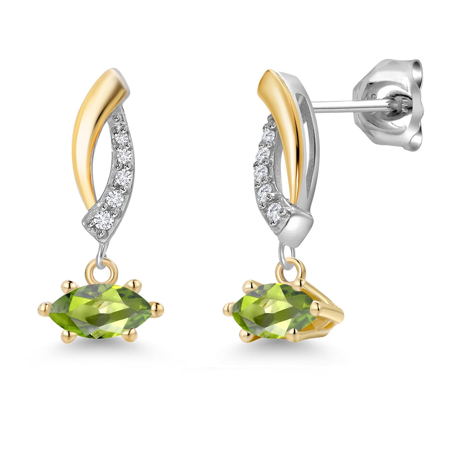 925 Silver and 10K Yellow Gold 6X3MM Marquise Gemstone Birthstone and White Lab Grown Diamond Drop Dangle Earrings for Women