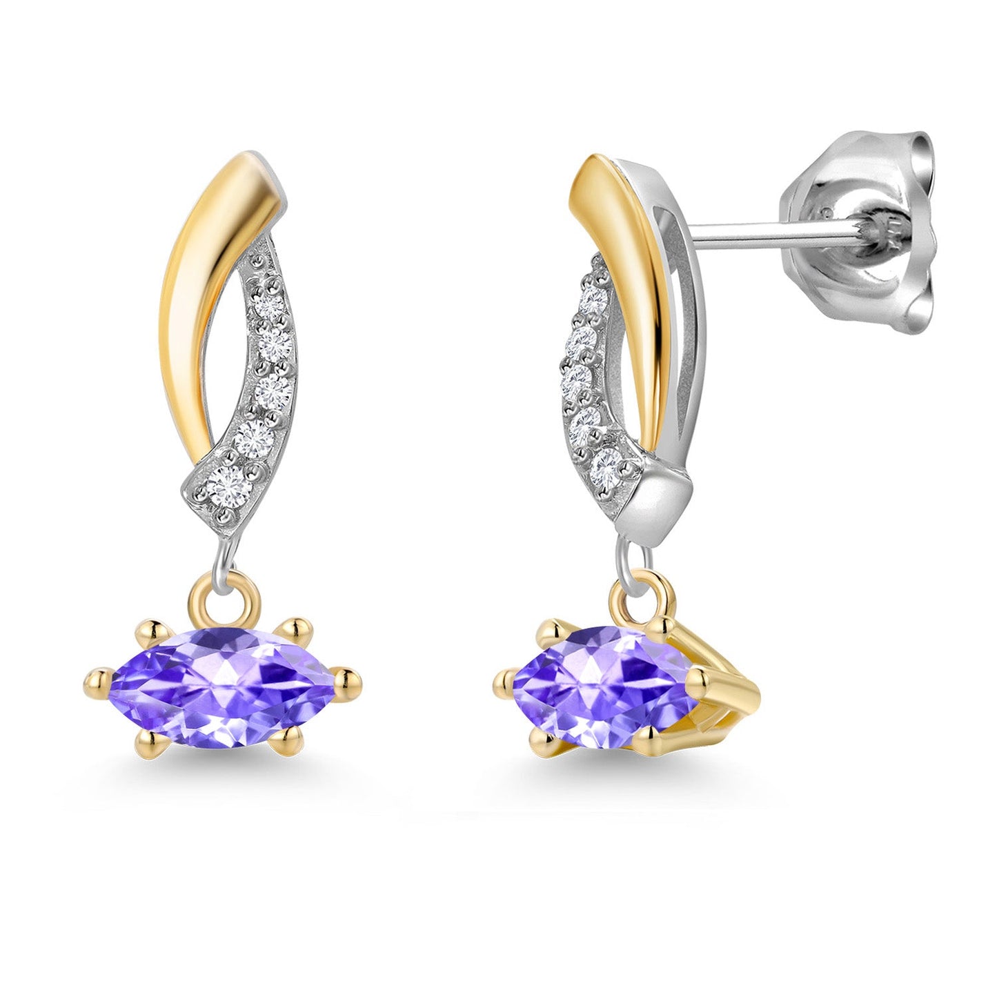 925 Silver and 10K Yellow Gold 6X3MM Marquise Gemstone Birthstone and White Lab Grown Diamond Drop Dangle Earrings for Women
