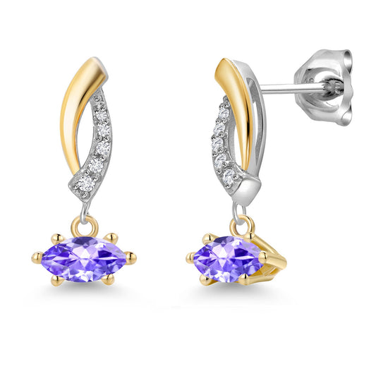925 Silver and 10K Yellow Gold 6X3MM Marquise Gemstone Birthstone and White Lab Grown Diamond Drop Dangle Earrings for Women