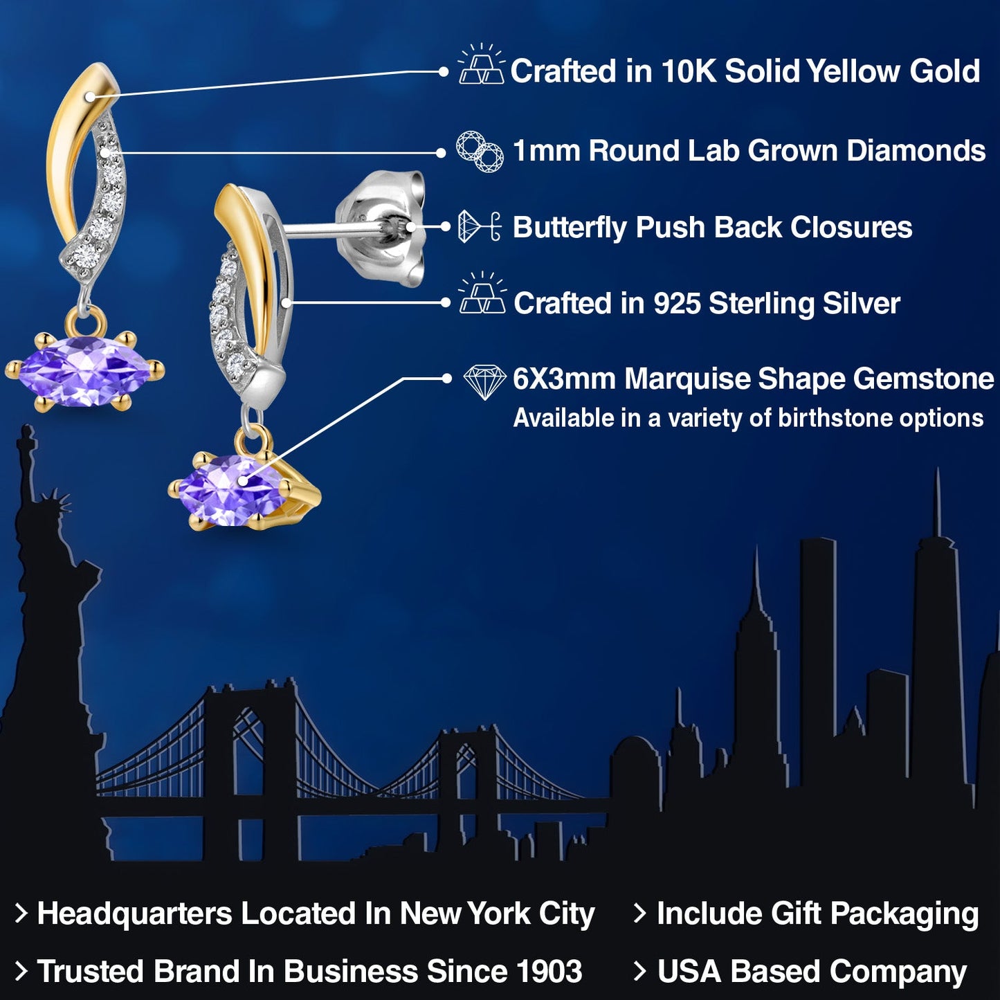 925 Silver and 10K Yellow Gold 6X3MM Marquise Gemstone Birthstone and White Lab Grown Diamond Drop Dangle Earrings for Women