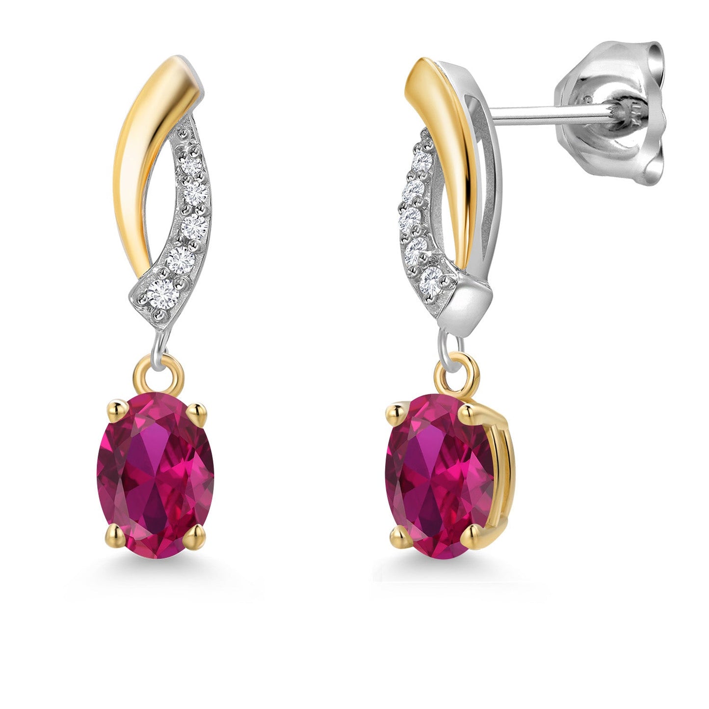 925 Silver and 10K Yellow Gold 6X4MM Oval Gemstone Birthstone and White Lab Grown Diamond Drop Dangle Earrings for Women