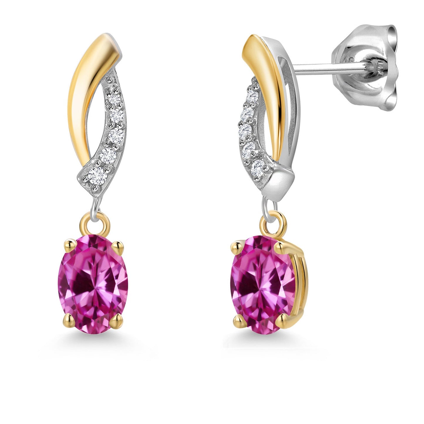 925 Silver and 10K Yellow Gold 6X4MM Oval Gemstone Birthstone and White Lab Grown Diamond Drop Dangle Earrings for Women