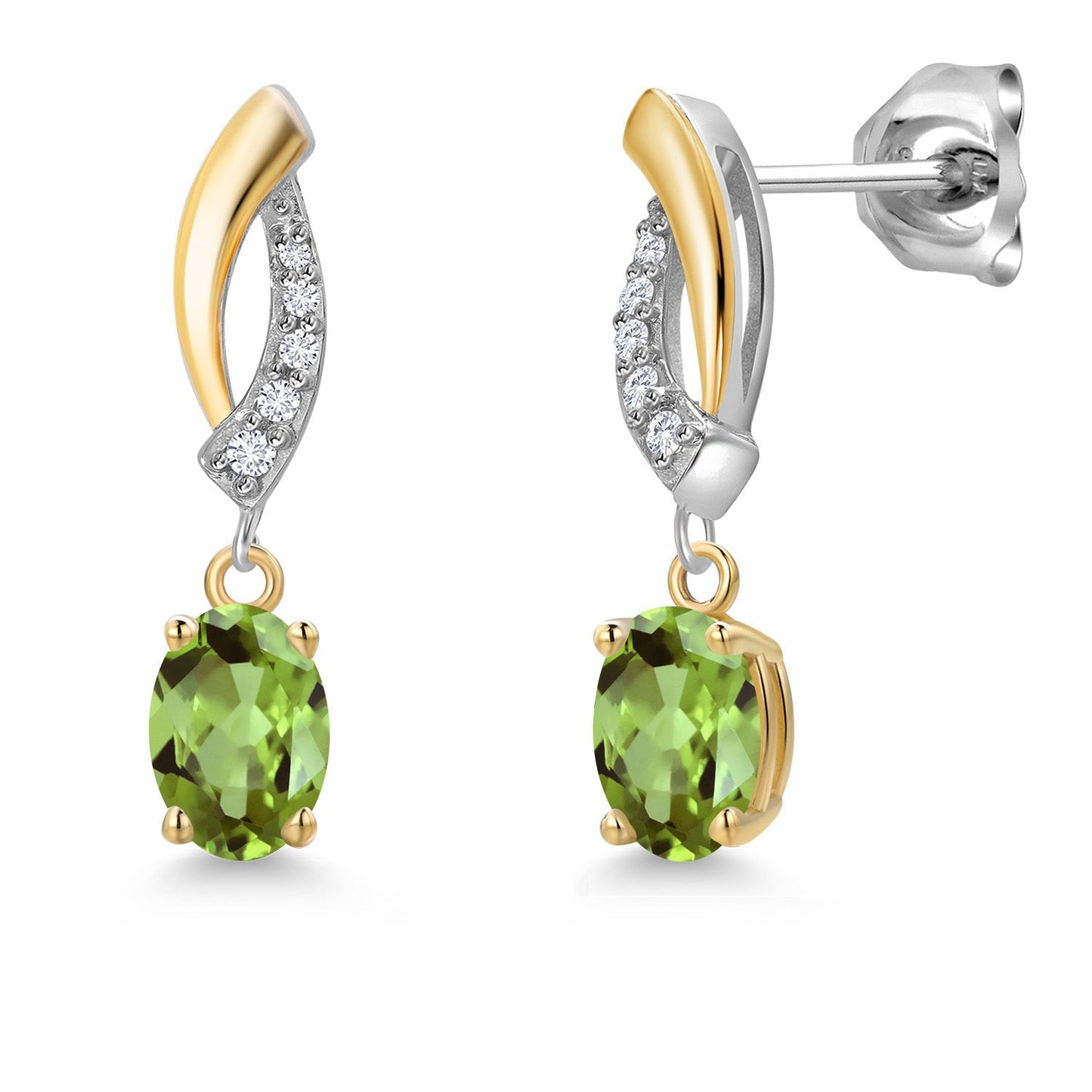 925 Silver and 10K Yellow Gold 6X4MM Oval Gemstone Birthstone and White Lab Grown Diamond Drop Dangle Earrings for Women