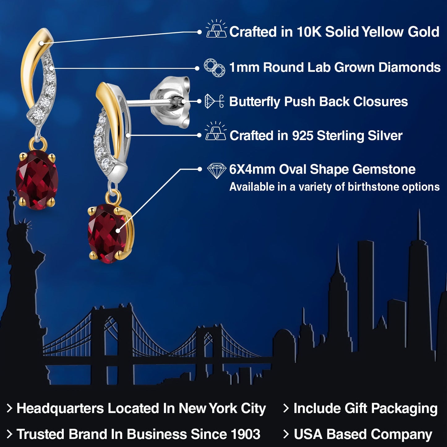 925 Silver and 10K Yellow Gold 6X4MM Oval Gemstone Birthstone and White Lab Grown Diamond Drop Dangle Earrings for Women