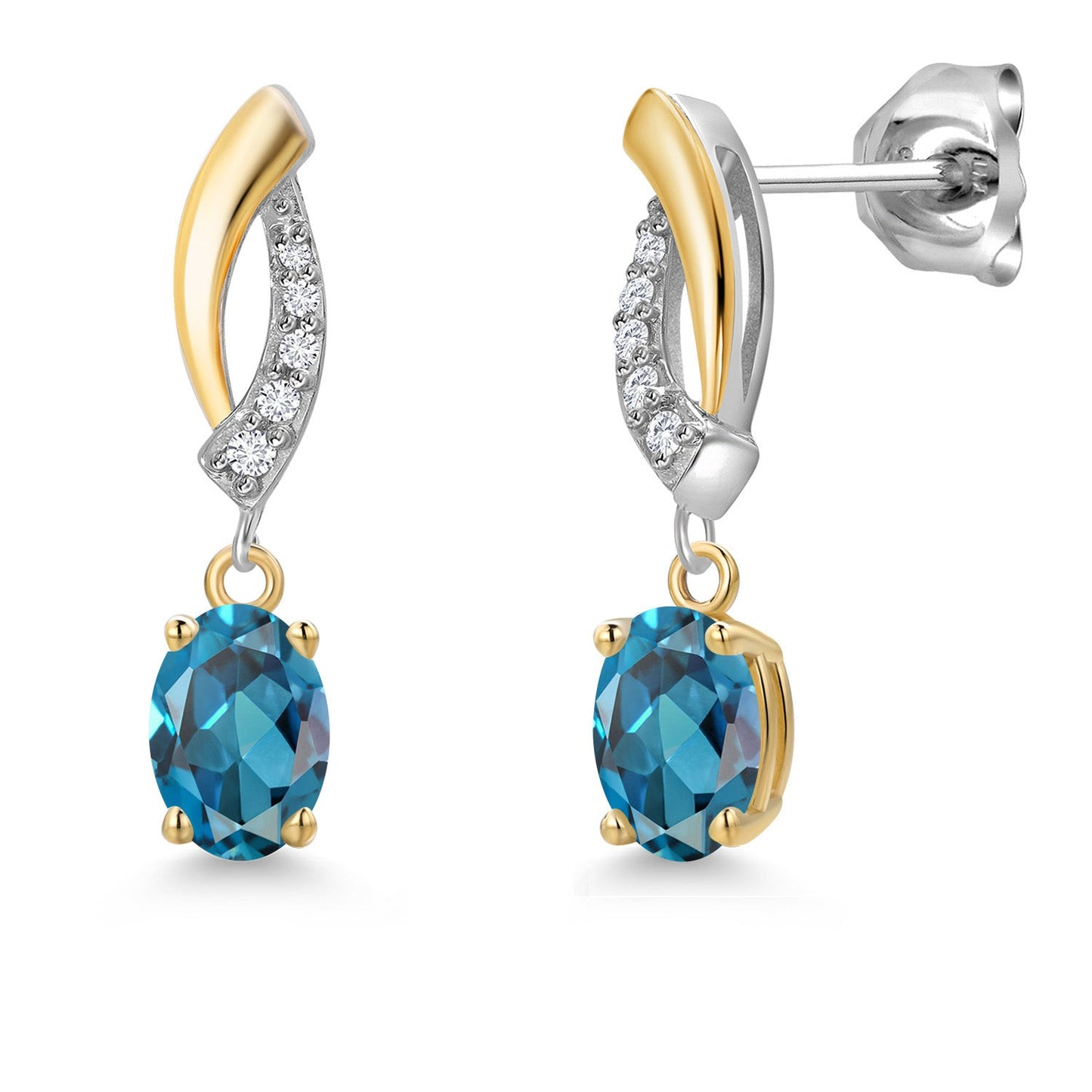 925 Silver and 10K Yellow Gold 6X4MM Oval Gemstone Birthstone and White Lab Grown Diamond Drop Dangle Earrings for Women