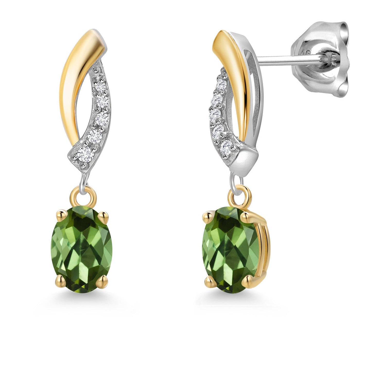 925 Silver and 10K Yellow Gold 6X4MM Oval Gemstone Birthstone and White Lab Grown Diamond Drop Dangle Earrings for Women