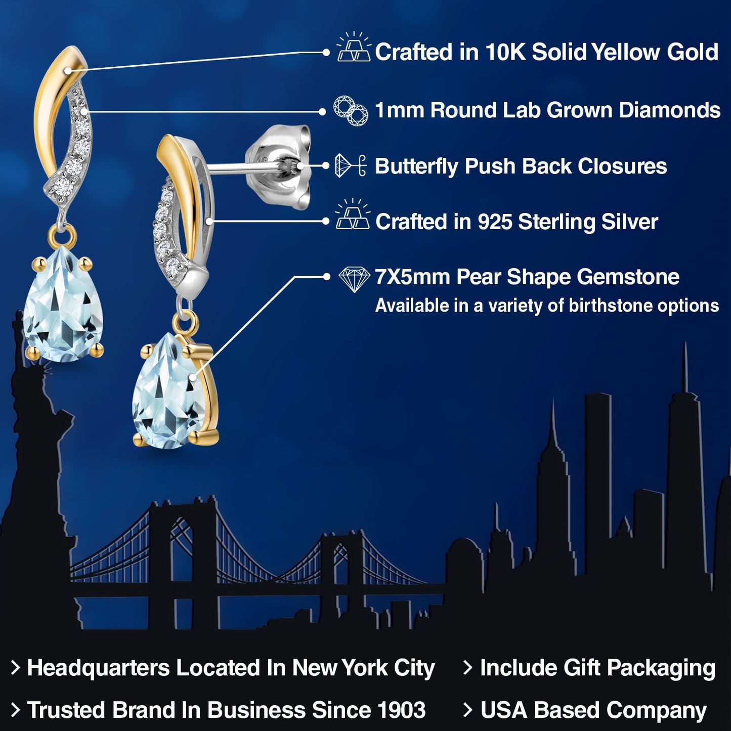 Teardrop Dangle Earrings for Women In 925 Silver and 10K Yellow Gold | Gemstone Birthstone and White Lab Grown Diamond | 7X5MM Pear Shape