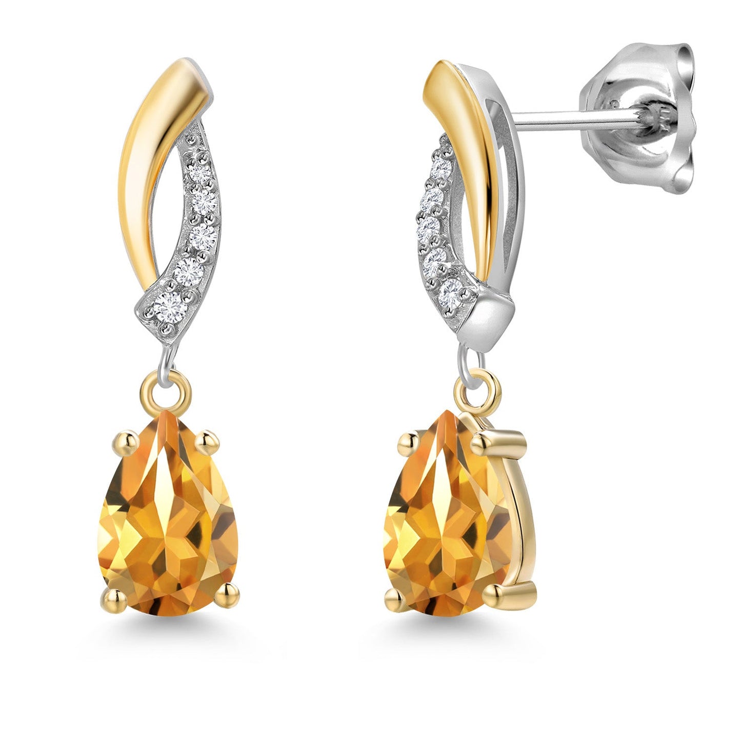 Teardrop Dangle Earrings for Women In 925 Silver and 10K Yellow Gold | Gemstone Birthstone and White Lab Grown Diamond | 7X5MM Pear Shape