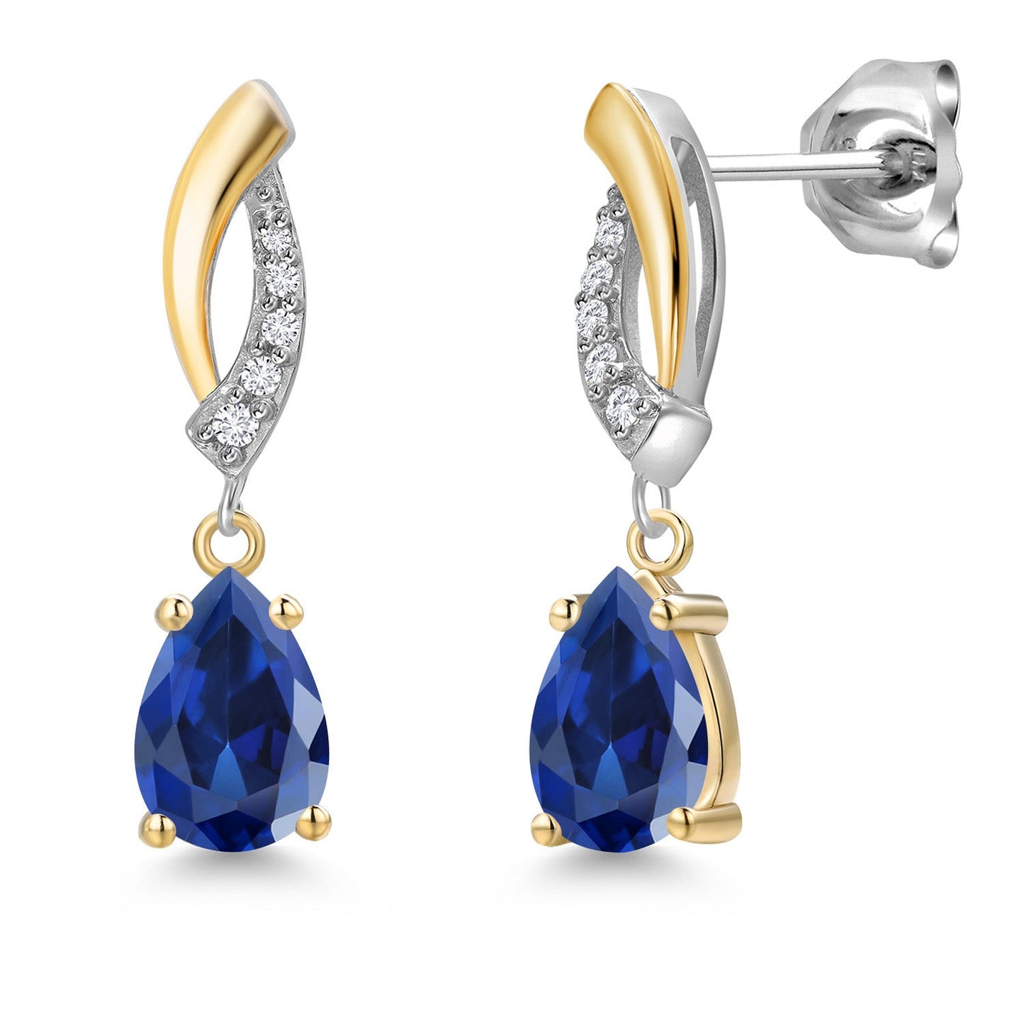 Teardrop Dangle Earrings for Women In 925 Silver and 10K Yellow Gold | Gemstone Birthstone and White Lab Grown Diamond | 7X5MM Pear Shape