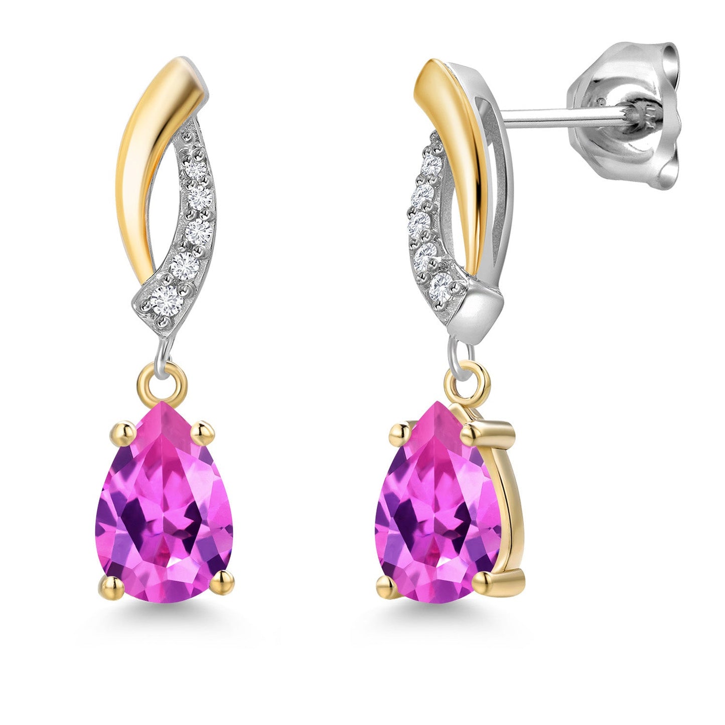 Teardrop Dangle Earrings for Women In 925 Silver and 10K Yellow Gold | Gemstone Birthstone and White Lab Grown Diamond | 7X5MM Pear Shape