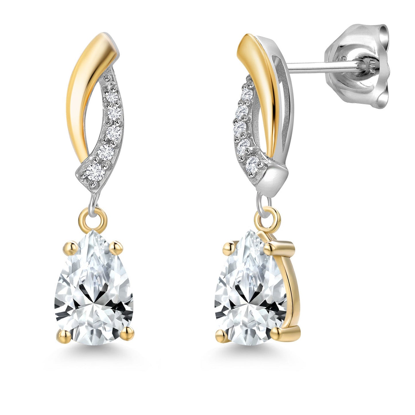 Teardrop Dangle Earrings for Women In 925 Silver and 10K Yellow Gold | Gemstone Birthstone and White Lab Grown Diamond | 7X5MM Pear Shape