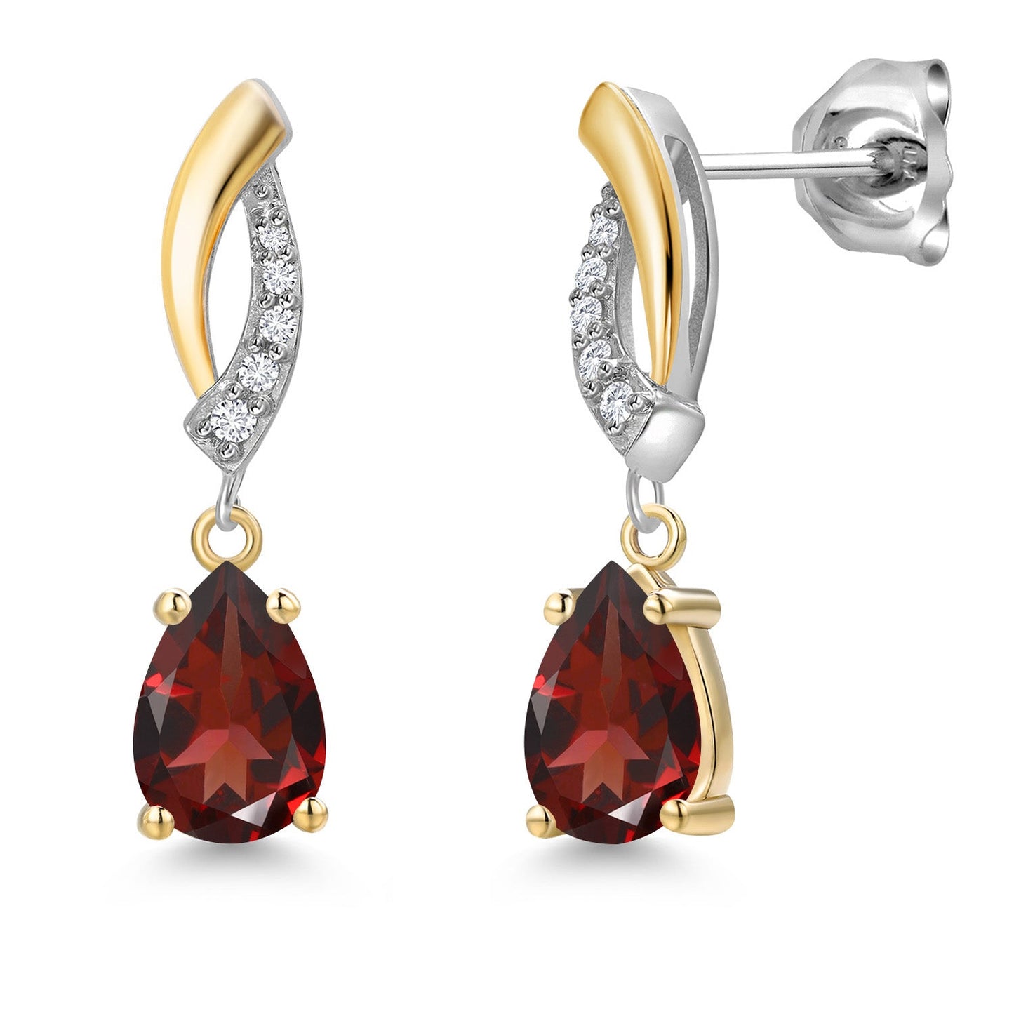 Teardrop Dangle Earrings for Women In 925 Silver and 10K Yellow Gold | Gemstone Birthstone and White Lab Grown Diamond | 7X5MM Pear Shape