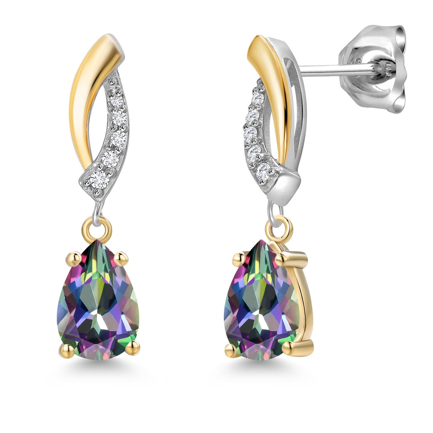 Teardrop Dangle Earrings for Women In 925 Silver and 10K Yellow Gold | Gemstone Birthstone and White Lab Grown Diamond | 7X5MM Pear Shape