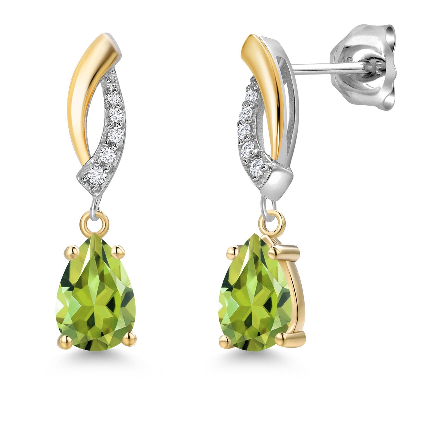 Teardrop Dangle Earrings for Women In 925 Silver and 10K Yellow Gold | Gemstone Birthstone and White Lab Grown Diamond | 7X5MM Pear Shape