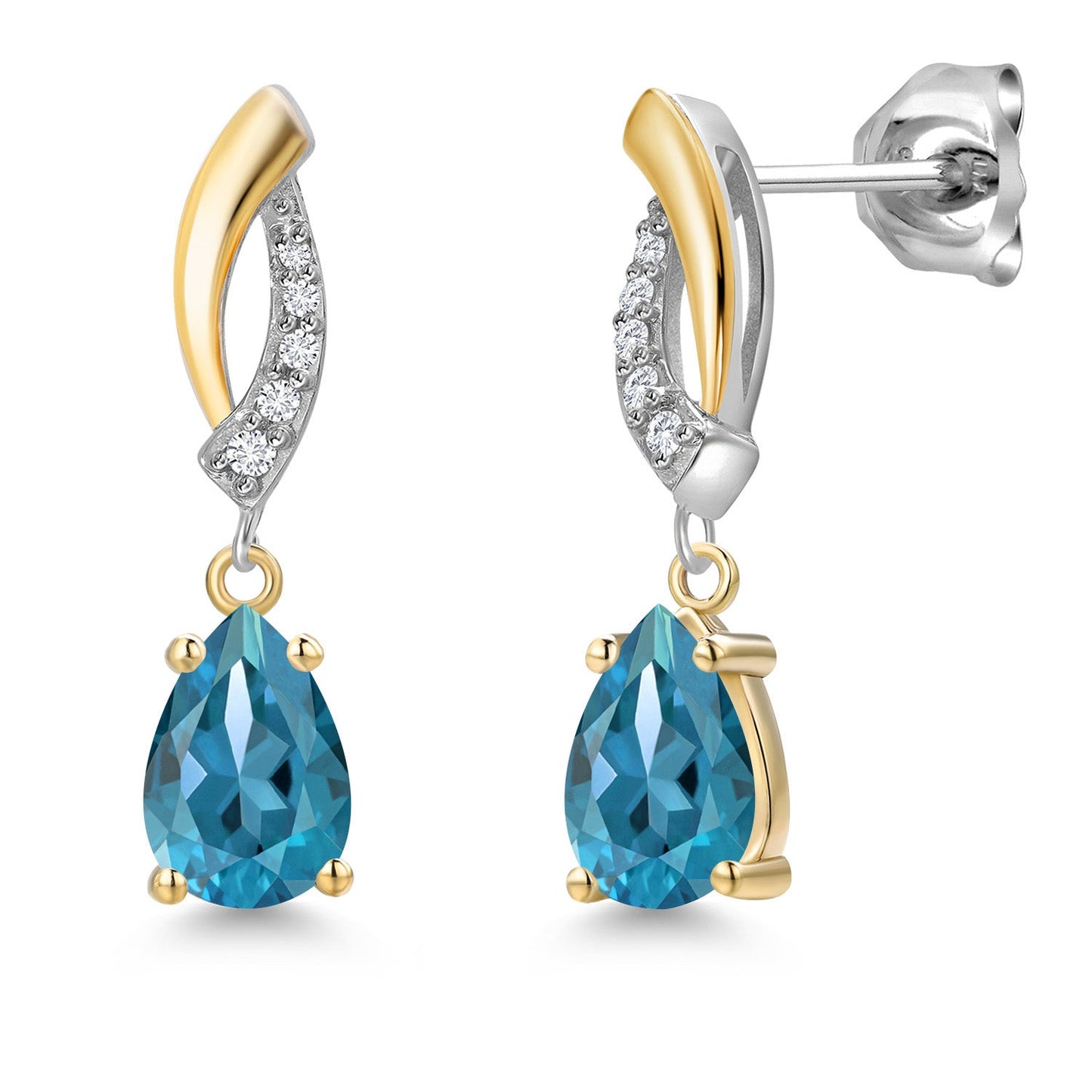 Teardrop Dangle Earrings for Women In 925 Silver and 10K Yellow Gold | Gemstone Birthstone and White Lab Grown Diamond | 7X5MM Pear Shape