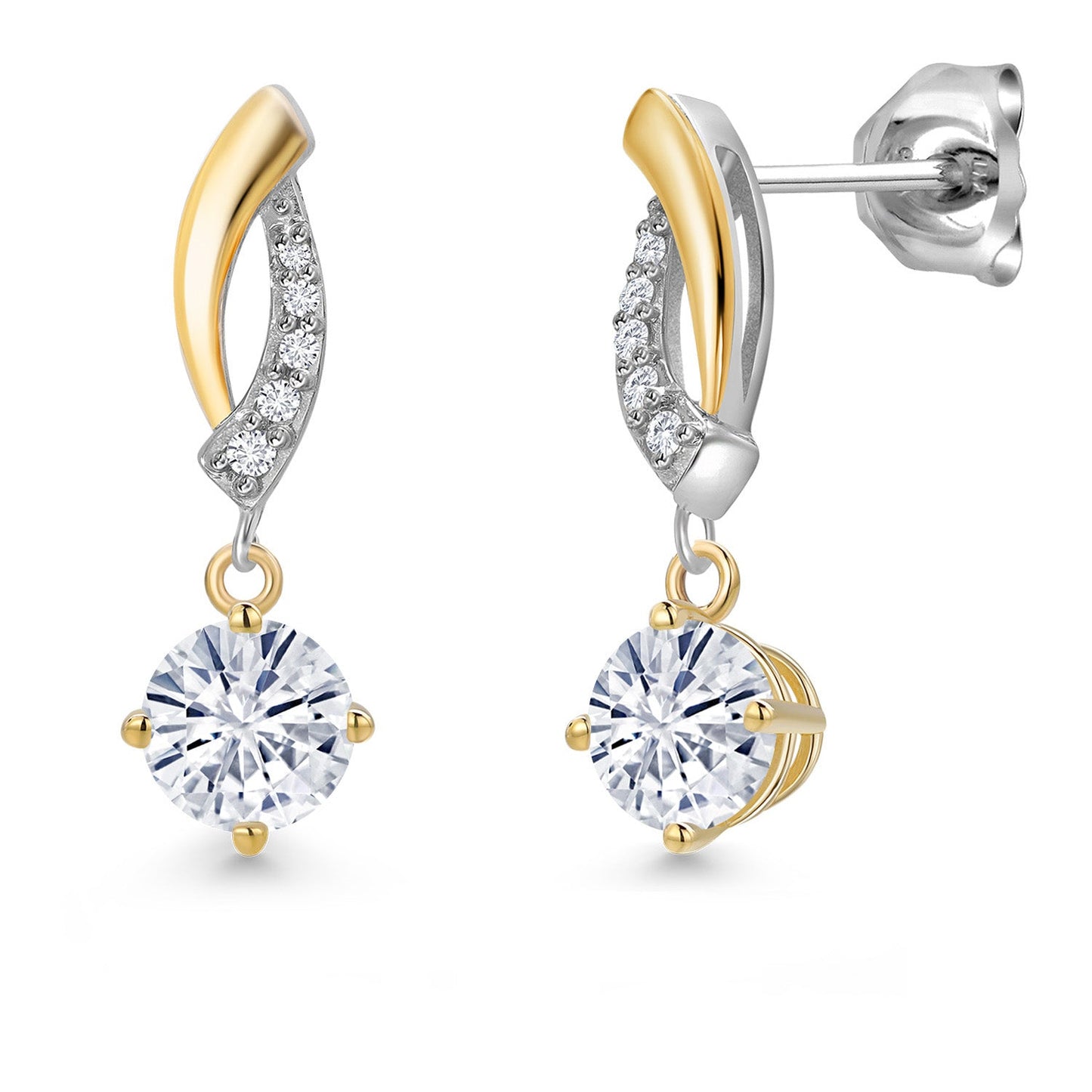 925 Silver and 10K Yellow Gold 4.5MM Round Gemstone Birthstone and White Lab Grown Diamond Dangle Earrings for Women