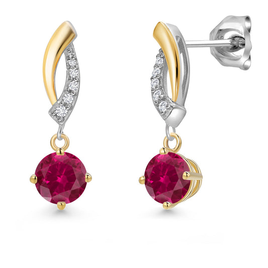 925 Silver and 10K Yellow Gold 4.5MM Round Gemstone Birthstone and White Lab Grown Diamond Dangle Earrings for Women