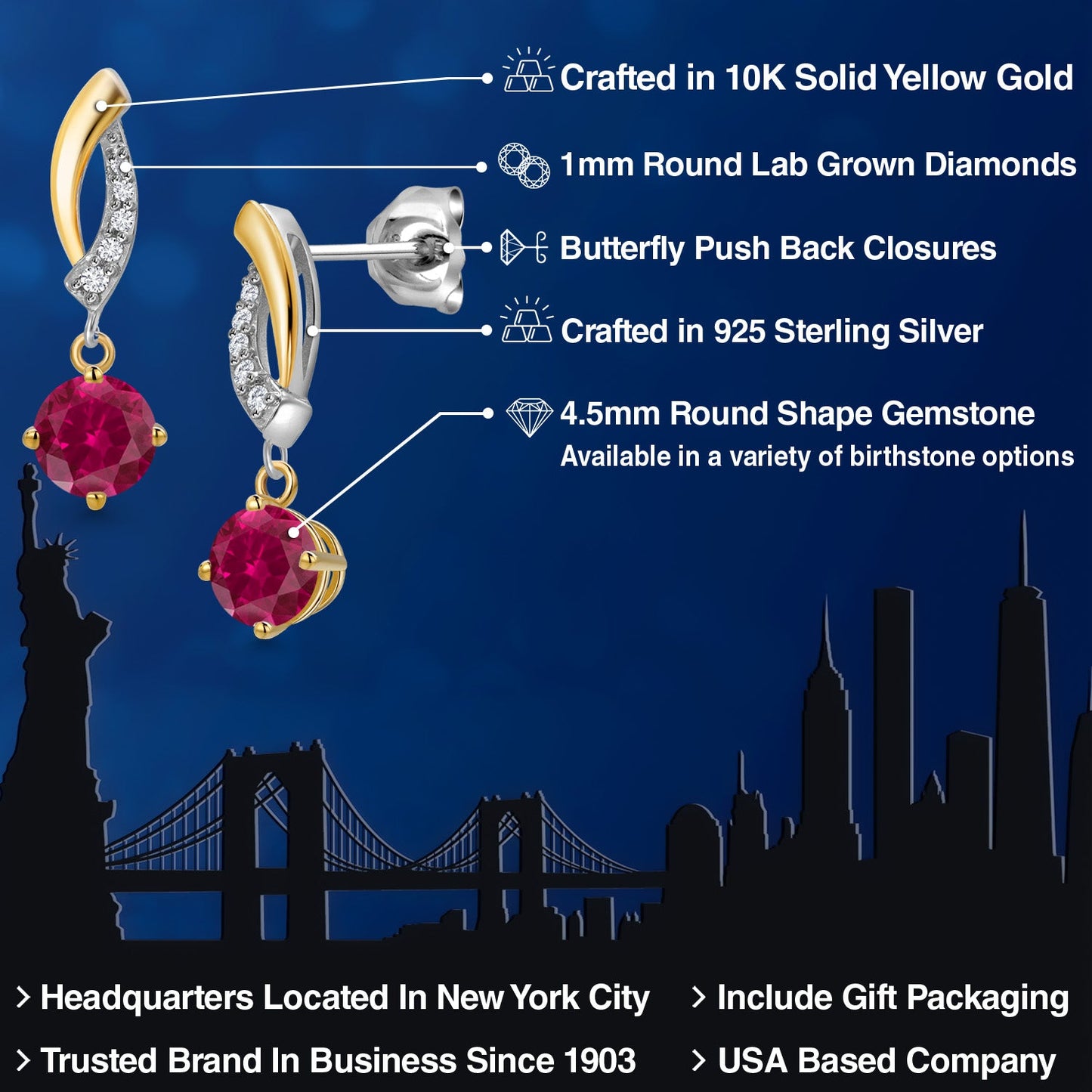 925 Silver and 10K Yellow Gold 4.5MM Round Gemstone Birthstone and White Lab Grown Diamond Dangle Earrings for Women