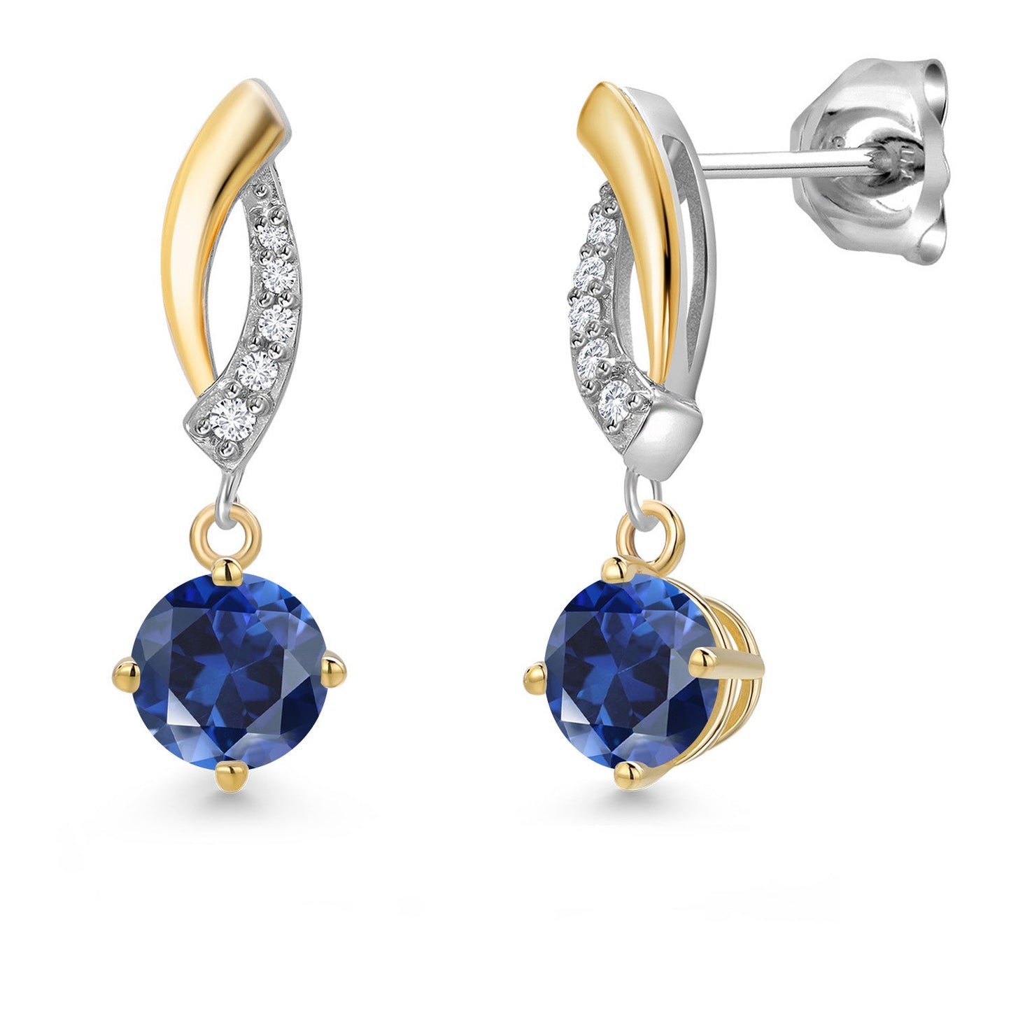 925 Silver and 10K Yellow Gold 4.5MM Round Gemstone Birthstone and White Lab Grown Diamond Dangle Earrings for Women