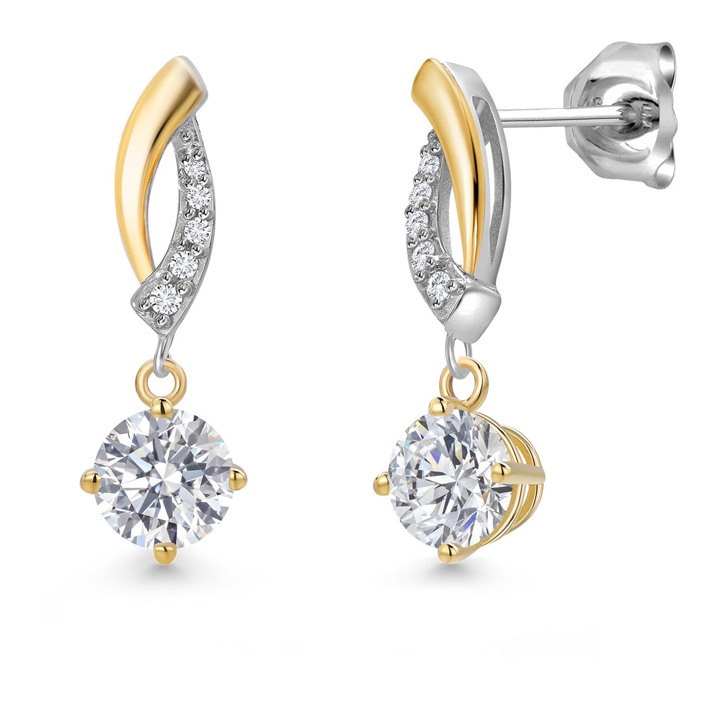925 Silver and 10K Yellow Gold 4.5MM Round Gemstone Birthstone and White Lab Grown Diamond Dangle Earrings for Women