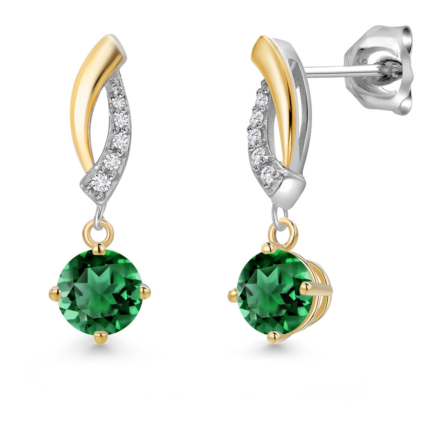 925 Silver and 10K Yellow Gold 4.5MM Round Gemstone Birthstone and White Lab Grown Diamond Dangle Earrings for Women