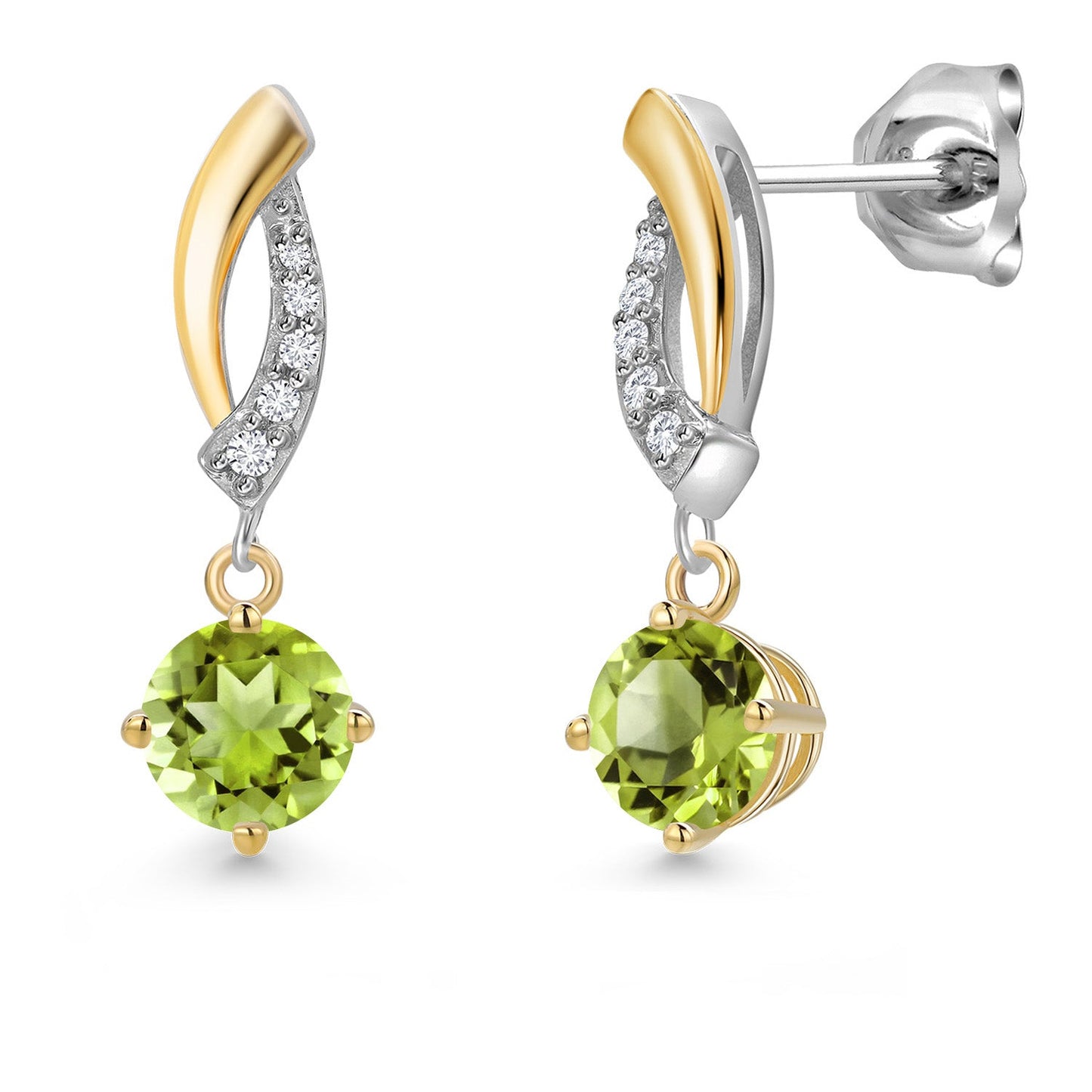925 Silver and 10K Yellow Gold 4.5MM Round Gemstone Birthstone and White Lab Grown Diamond Dangle Earrings for Women