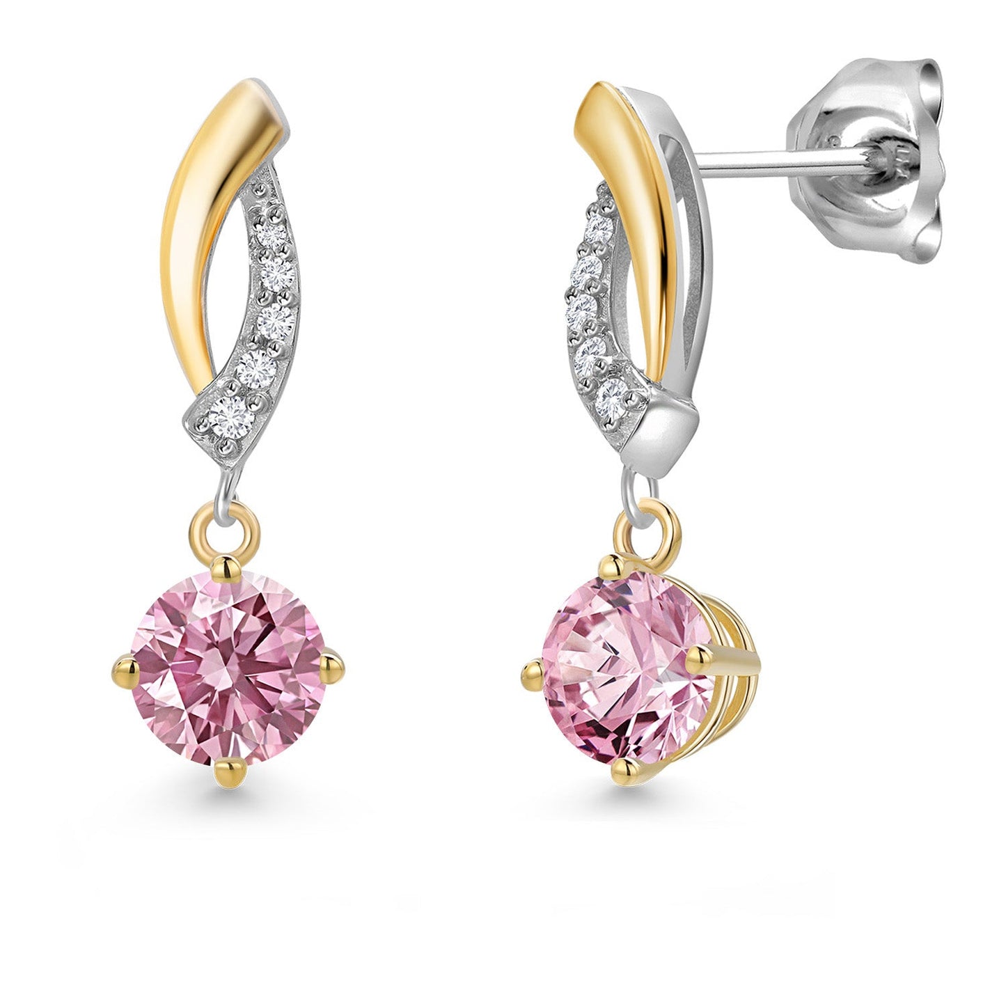 925 Silver and 10K Yellow Gold 4.5MM Round Gemstone Birthstone and White Lab Grown Diamond Dangle Earrings for Women