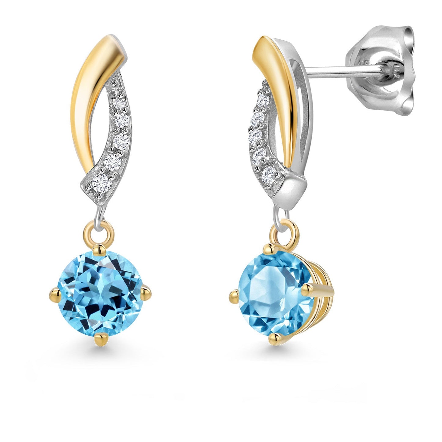 925 Silver and 10K Yellow Gold 4.5MM Round Gemstone Birthstone and White Lab Grown Diamond Dangle Earrings for Women