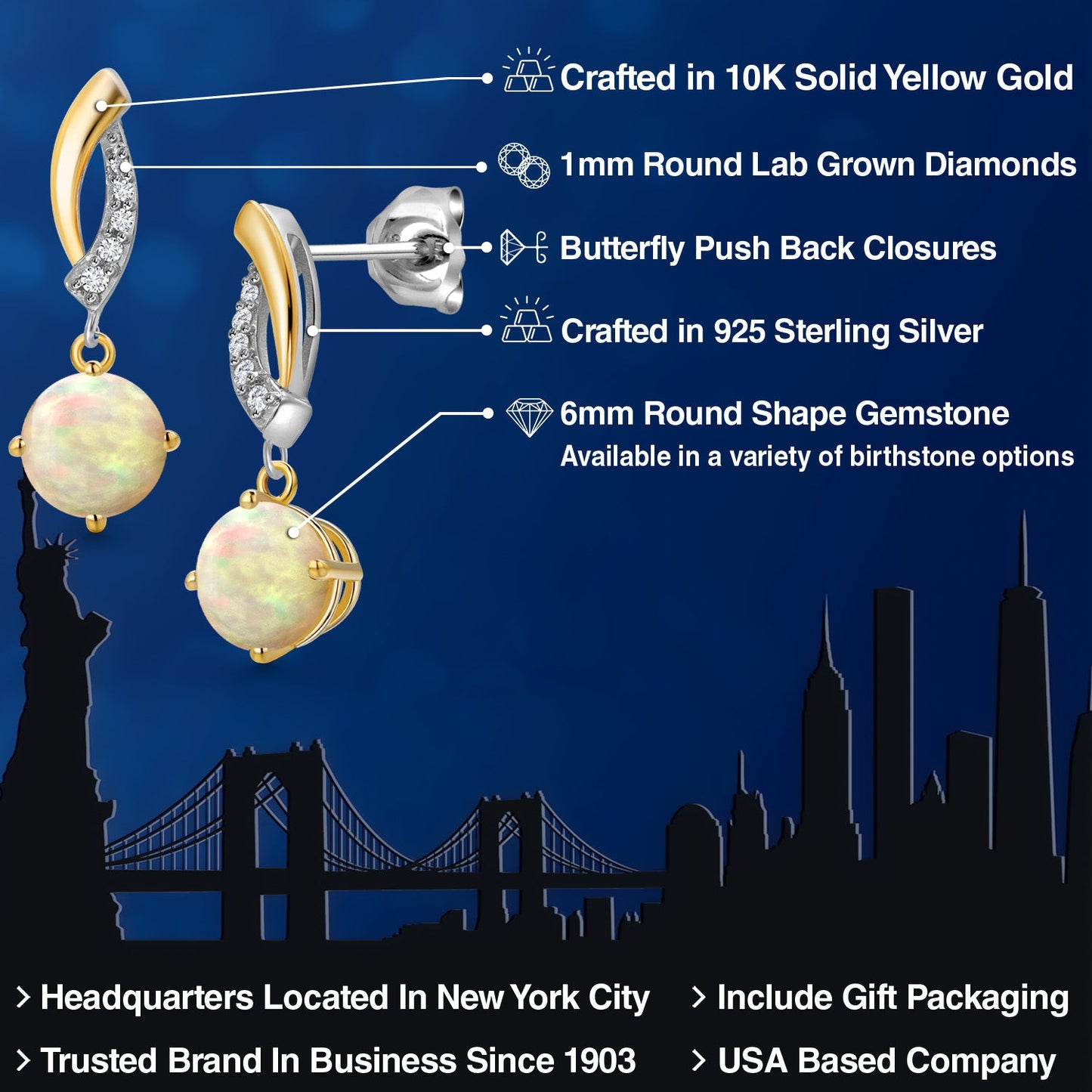 925 Silver and 10K Yellow Gold 6MM Round Gemstone Birthstone and White Lab Grown 
Diamond Dangle Earrings for Women